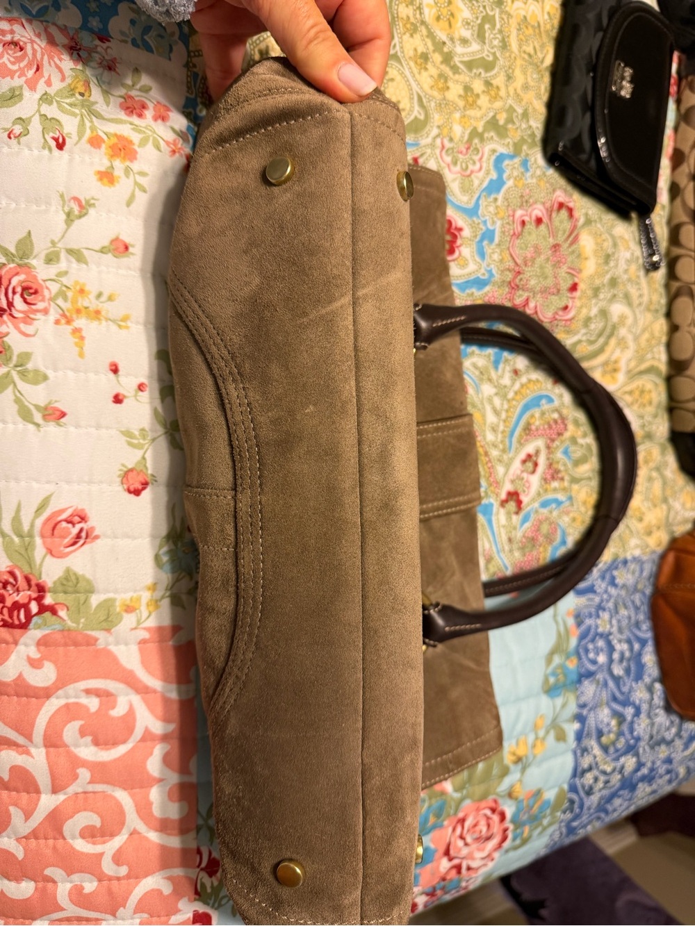 Coach Brown Suede Shoulder Bag with Dark Brown Leather Trim & Gold Hardware - Picture 2 of 4